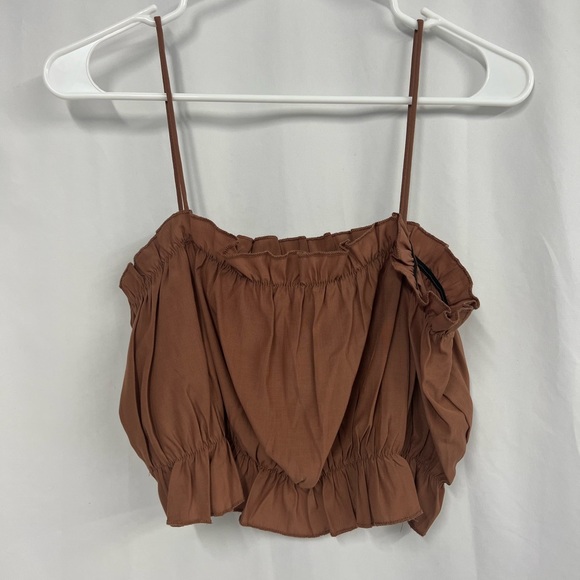 Brown Ruffle Detail Spaghetti Strap Crop Top - Picture 2 of 3